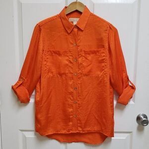 Michael Kors Top Women S Orange Button Up Roll Tab Sleeve Textured Casual Blouse